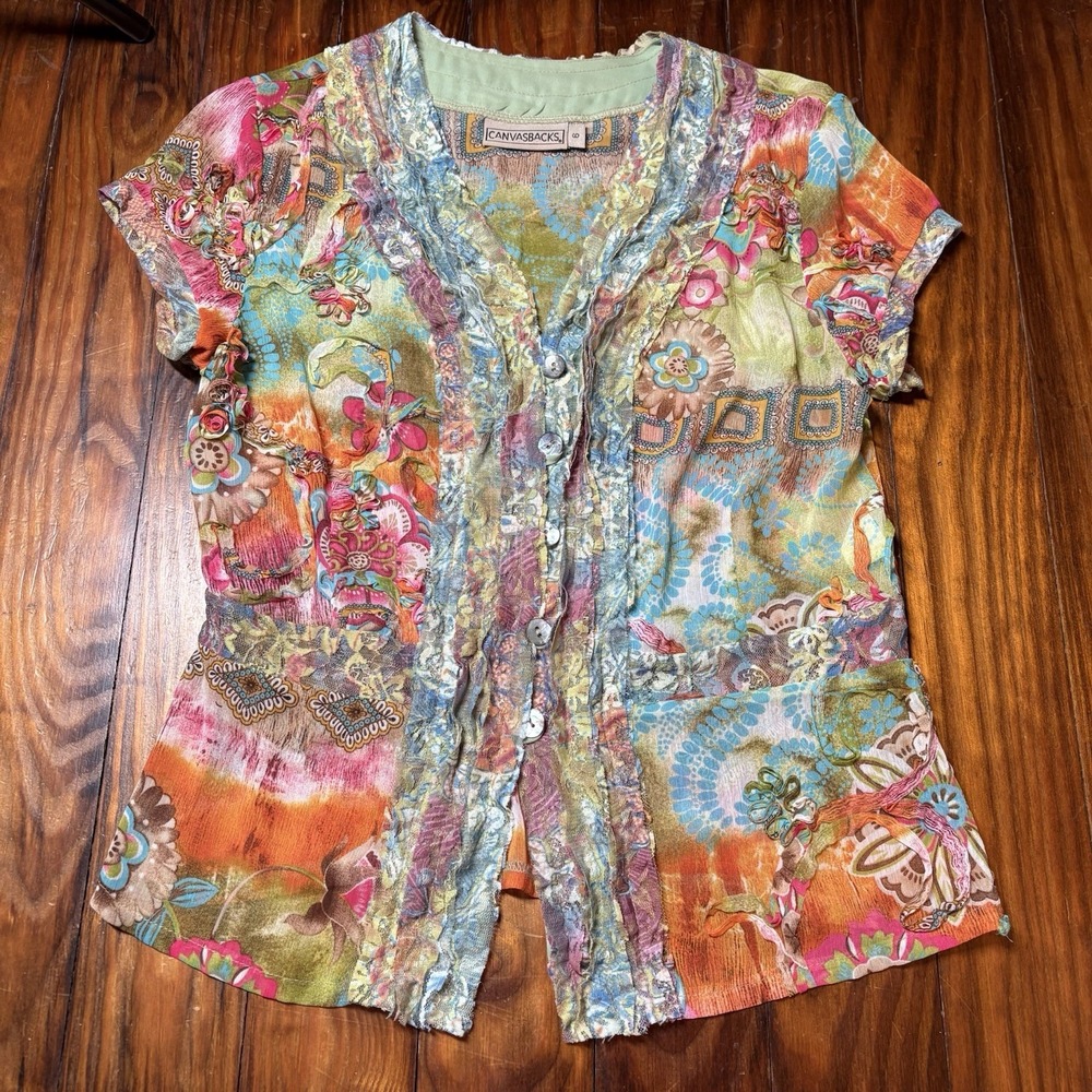 Vtg Y2K Colorful Floral Ruffle Art Whimsical Top Canvasbacks Sz 6 A197